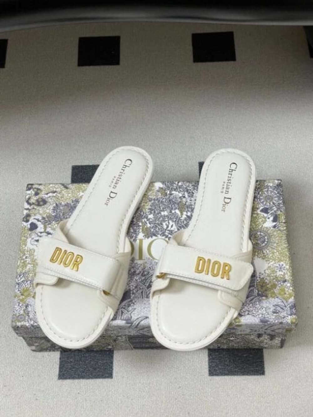 Dior White Leather Slide Sandals with Gold Logo